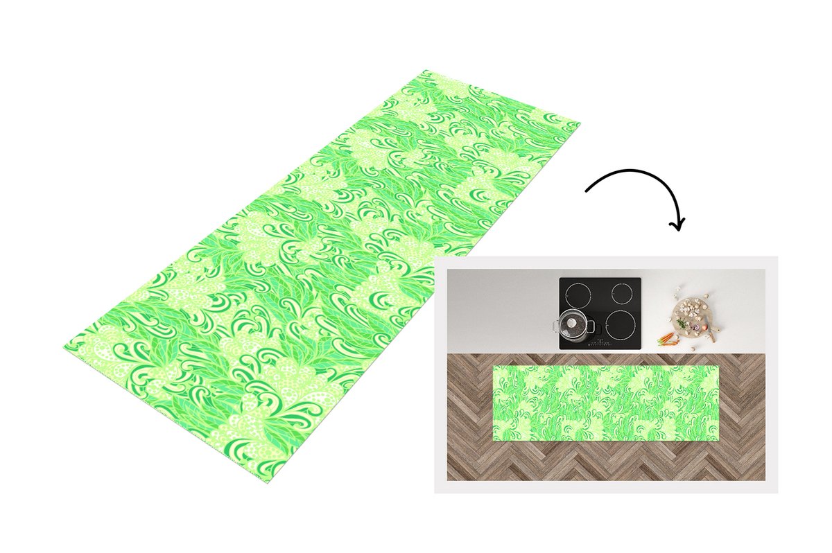 KitchenYeah Keukenloper - Loper keuken - Patronen - Abstract - Bladeren - Groen - 180x60 cm - Keukenloper vinyl Multicolor