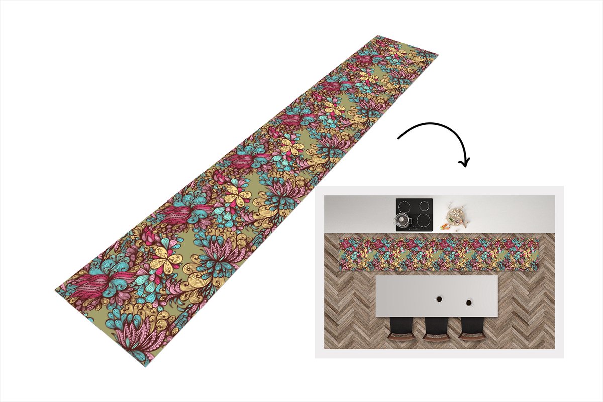 KitchenYeah Keukenloper - Loper keuken - Patroon - Bladeren - Abstract - 300x50 cm - Keukenloper vinyl Multicolor