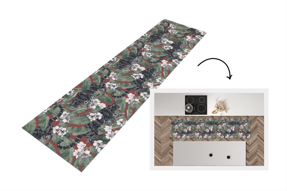 KitchenYeah Keukenloper - Loper keuken - Jungle - Bloem - Panter - Patronen - 200x50 cm - Keukenloper vinyl Multicolor