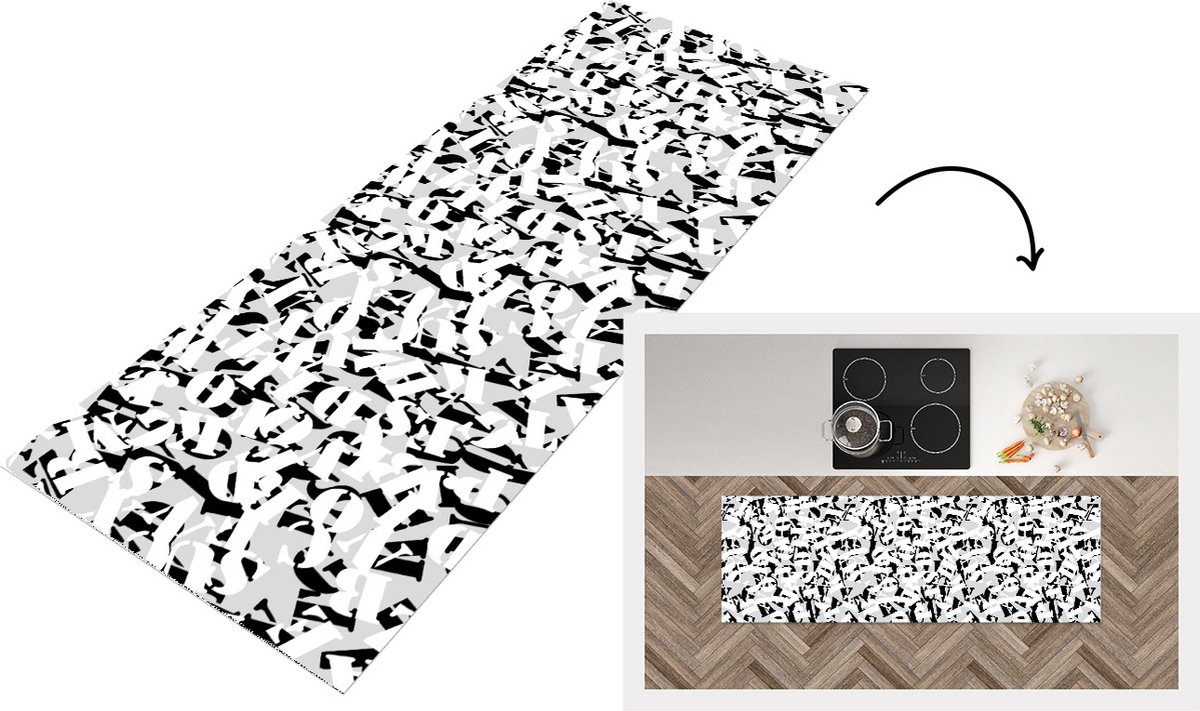 KitchenYeah Keukenloper - Loper keuken - Letters - Alfabet - Patronen - Zwart Wit - 150x50 cm - Keukenloper vinyl Zwart; Wit