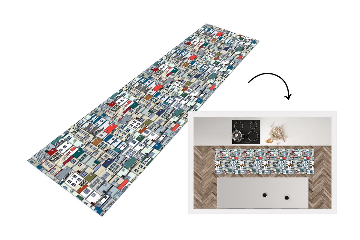 KitchenYeah Keukenloper - Loper keuken - Zentangle - Huis - Patronen - 200x50 cm - Keukenloper vinyl Multicolor