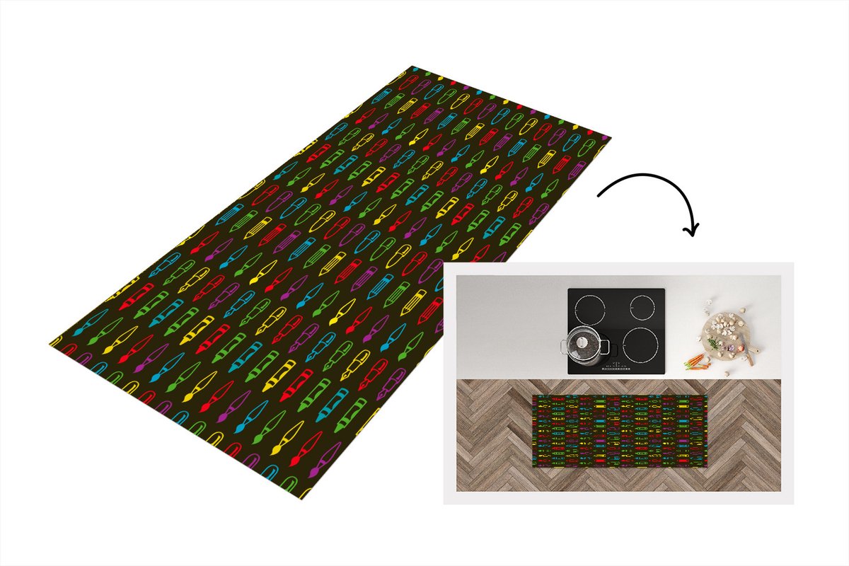 KitchenYeah Keukenloper - Loper keuken - Potloden - Patronen - Stift - Regenboog - Keukenloper vinyl Multicolor