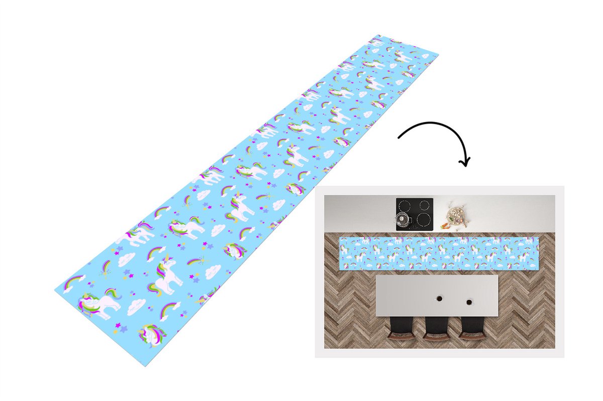 KitchenYeah Keukenloper - Loper keuken - Unicorn - Regenboog - Patronen - Kind - 300x50 cm - Keukenloper vinyl Multicolor