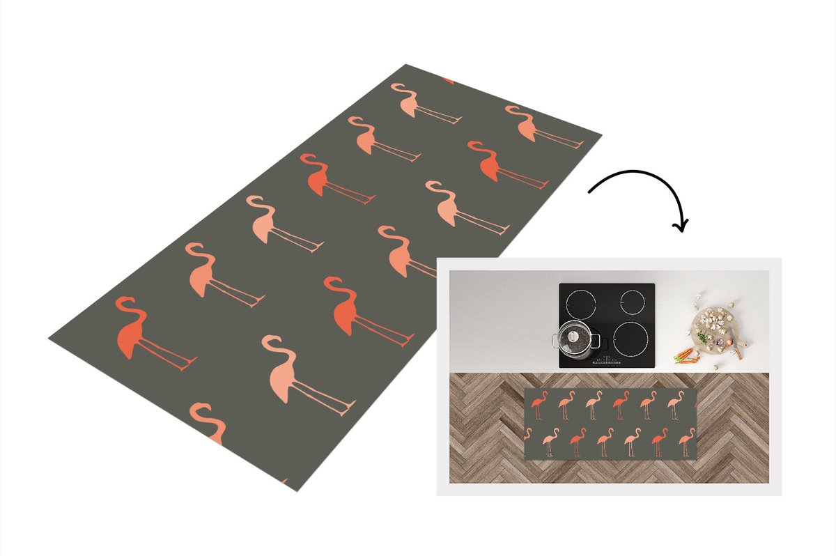 KitchenYeah Keukenloper - Loper keuken - Flamingo - Vogel - Patronen - 120x50 cm - Keukenloper vinyl Multicolor