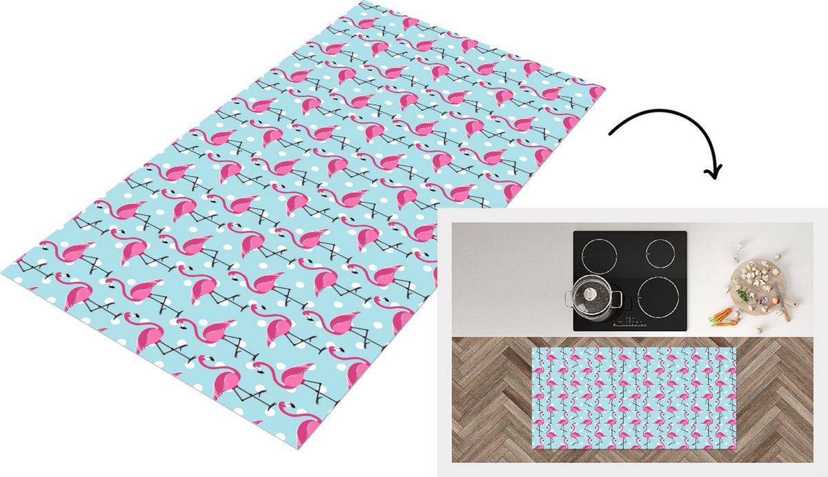 KitchenYeah Keukenloper - Loper keuken - Flamingo - Stippen - Dieren - Patroon - 120x60 cm - Keukenloper vinyl Multicolor