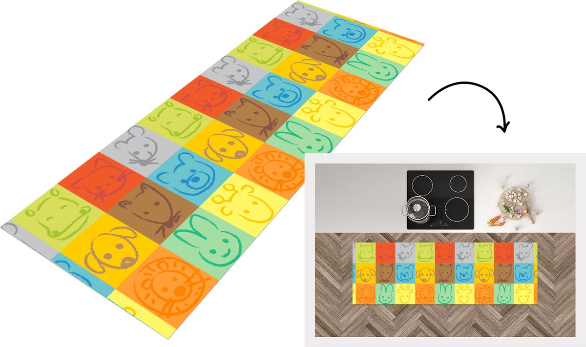 KitchenYeah Keukenloper - Loper keuken - Dieren - Patronen - Kinderen - Regenboog - 150x50 cm - Keukenloper vinyl Multicolor