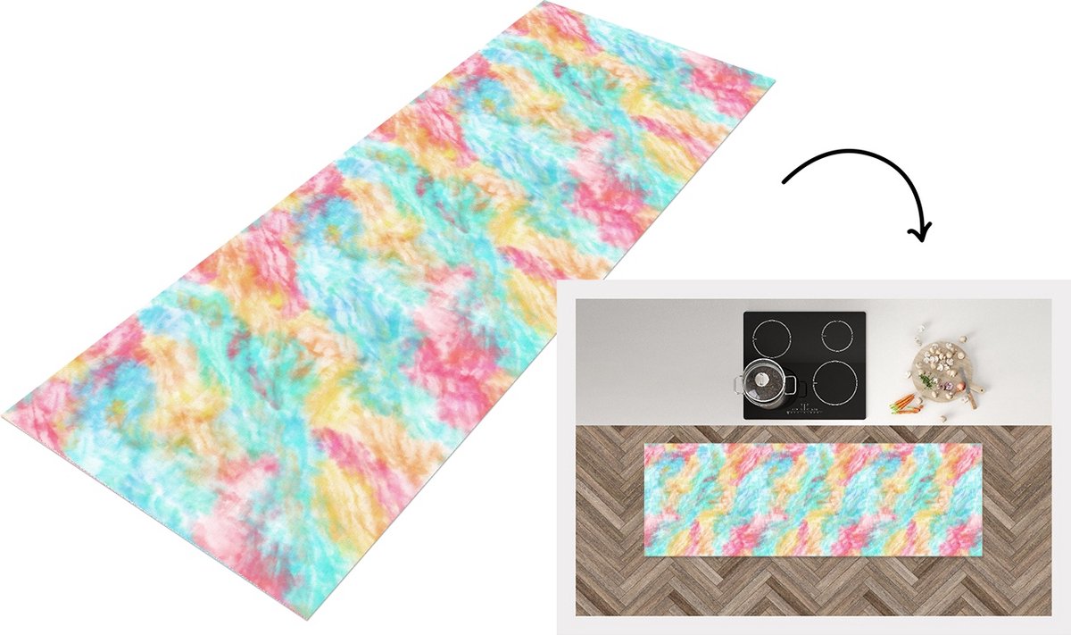 KitchenYeah Keukenloper - Loper keuken - Textiel - Tie dye - Verf - Patronen - 180x60 cm - Keukenloper vinyl Multicolor