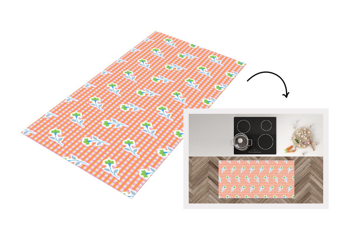 KitchenYeah Keukenloper - Loper keuken - Bloemen - Ruiten - Patroon - 120x60 cm - Keukenloper vinyl Multicolor