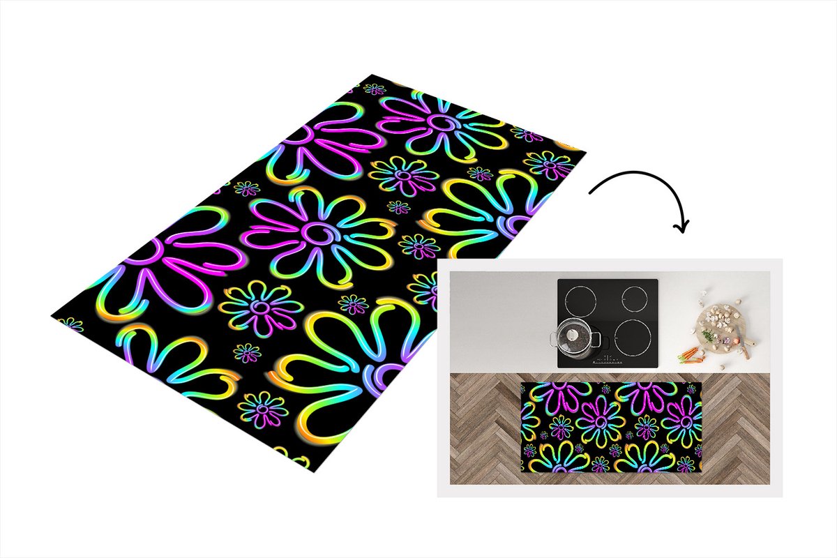 KitchenYeah Keukenloper - Loper keuken - Bloemen - Neon - Patronen - Psychedelisch - 120x60 cm - Keukenloper vinyl Multicolor