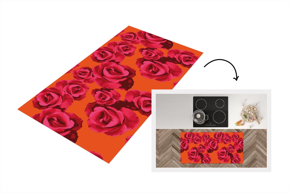 KitchenYeah Keukenloper - Loper keuken - Rozen - Oranje - Patroon - 120x60 cm - Keukenloper vinyl Multicolor