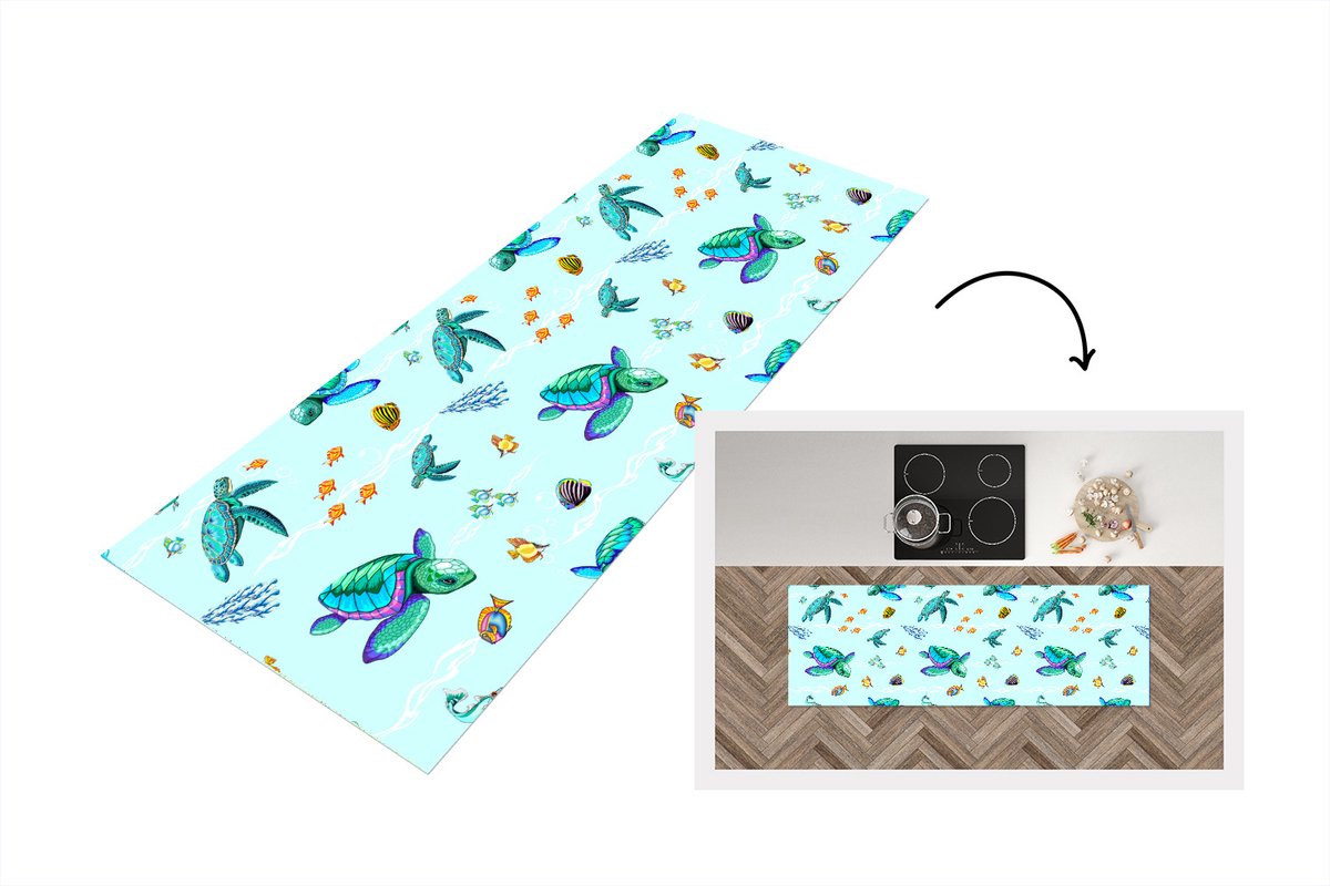 KitchenYeah Keukenloper - Loper keuken - Regenboog - Schildpad - Vis - Water - Patronen - 180x60 cm - Keukenloper vinyl Multicolor