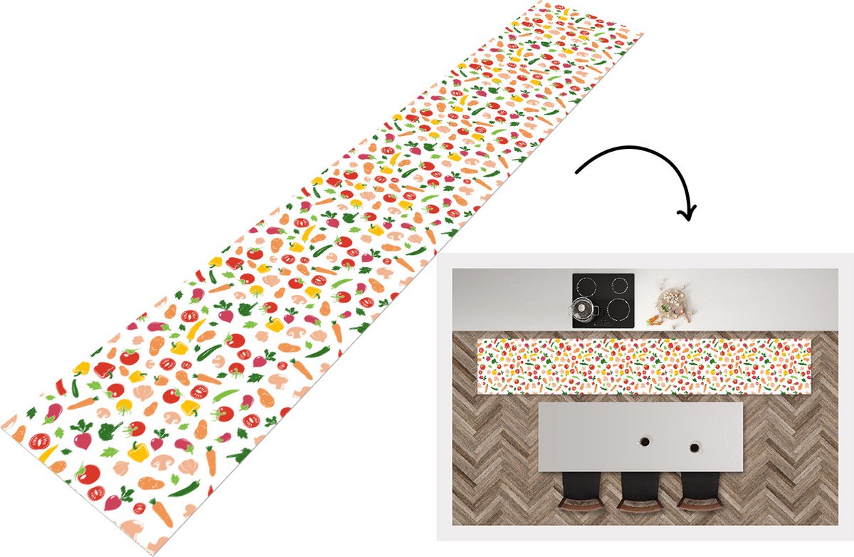 KitchenYeah Keukenloper - Loper keuken - Groenten - Regenboog - Vegan - Patroon - 300x50 cm - Keukenloper vinyl Multicolor