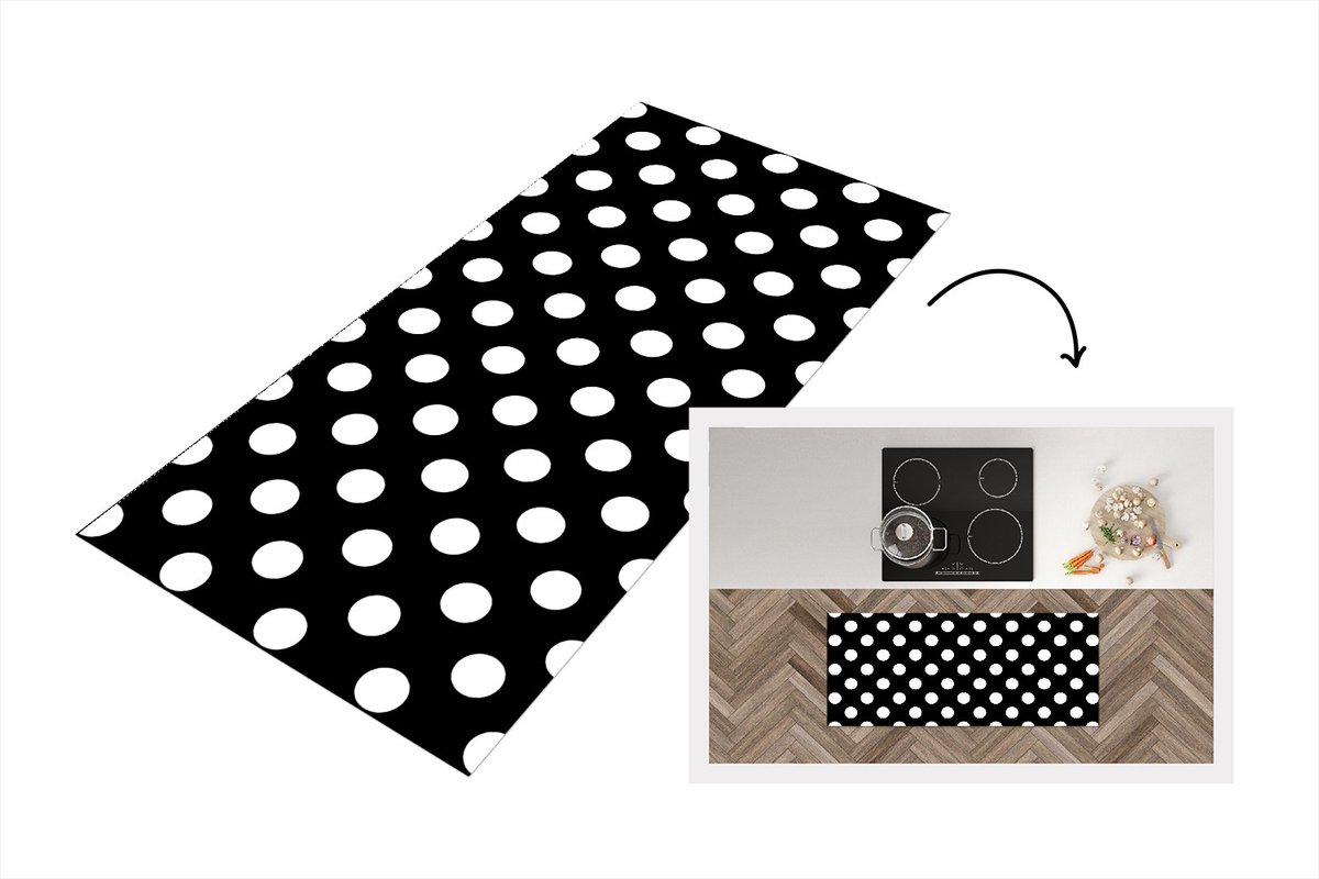KitchenYeah Keukenloper - Loper keuken - Stippen - Patronen - Zwart Wit - 120x50 cm - Keukenloper vinyl Zwart; Wit