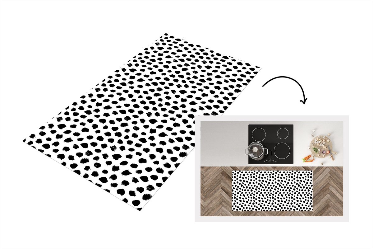KitchenYeah Keukenloper - Loper keuken - Stippen - Zwart Wit - Patronen - 120x60 cm - Keukenloper vinyl Zwart; Wit