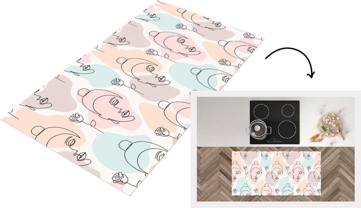 KitchenYeah Keukenloper - Loper keuken - Vrouw - Bloemen - Line Art - Pastel - Patroon - 120x60 cm - Keukenloper vinyl Multicolor