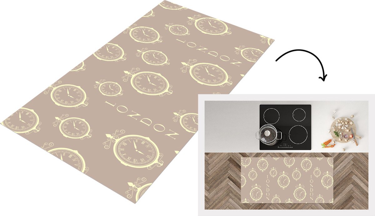 KitchenYeah Keukenloper - Loper keuken - Londen - Klok - Patroon - Vintage - 120x60 cm - Keukenloper vinyl Multicolor