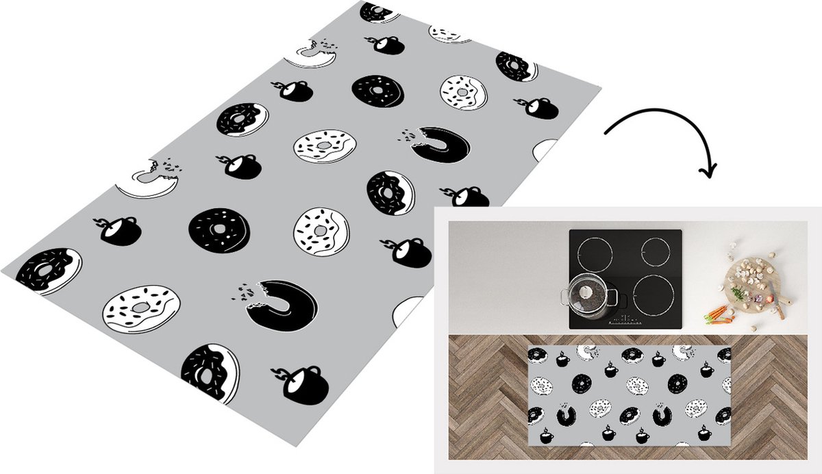 KitchenYeah Keukenloper - Loper keuken - Donut - Patronen - Koffie - Zwart Wit - 120x60 cm - Keukenloper vinyl Zwart; Wit