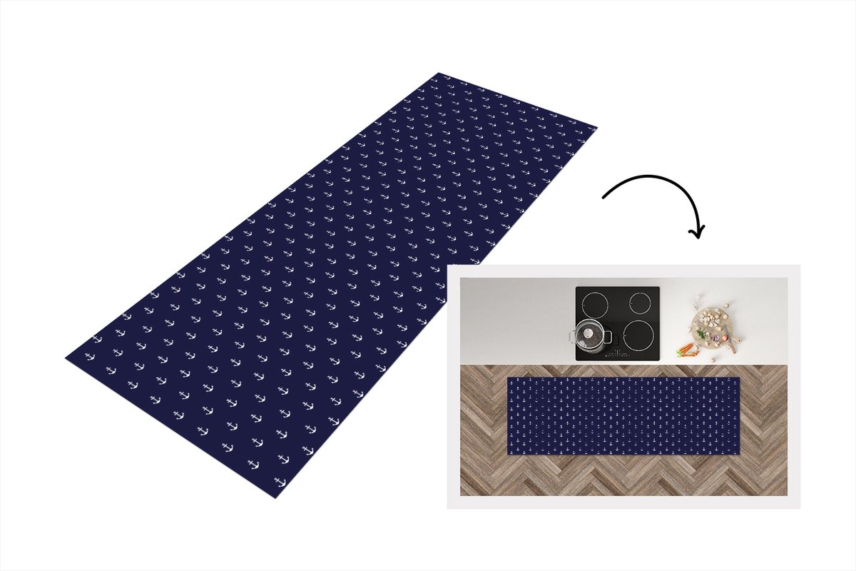 KitchenYeah Keukenloper - Loper keuken - Patroon - Strand - Zee - Anker - 180x60 cm - Keukenloper vinyl Multicolor