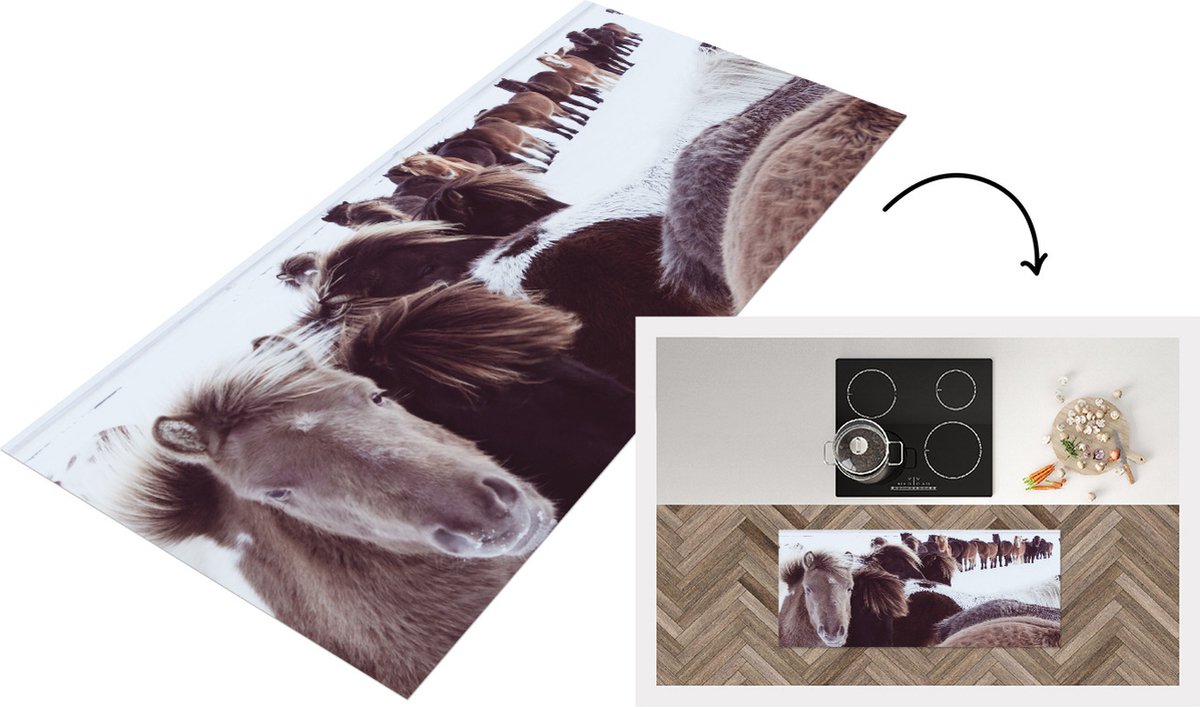 KitchenYeah Keukenloper - Loper keuken - Paarden - Sneeuw - IJslander - 120x50 cm - Keukenloper vinyl Multicolor
