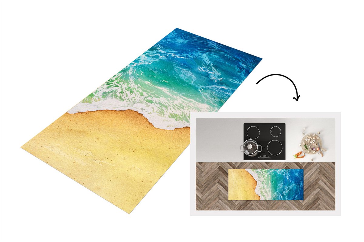 KitchenYeah Keukenloper - Loper keuken - Zee - Golf - Strand - 120x50 cm - Keukenloper vinyl Multicolor