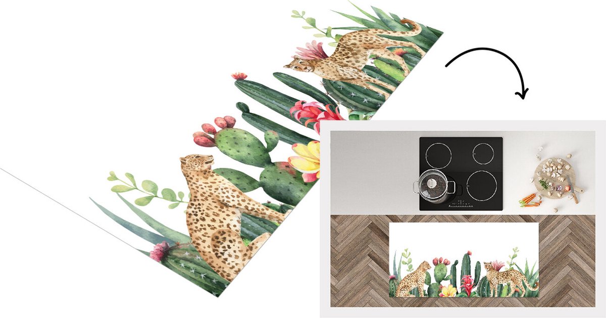 KitchenYeah Keukenloper - Loper keuken - Luipaard - Planten - Waterverf - 120x60 cm - Keukenloper vinyl Multicolor