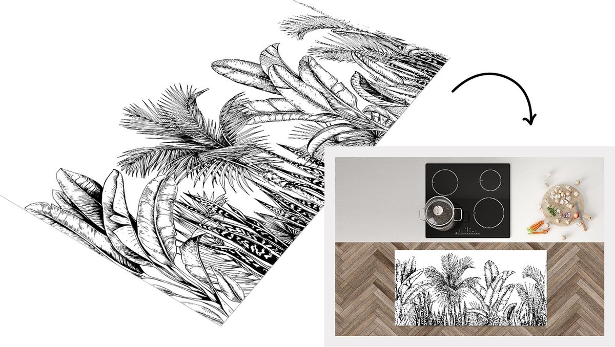 KitchenYeah Keukenloper - Loper keuken - Bladeren - Illustratie - Zwart - Wit - 120x60 cm - Keukenloper vinyl Multicolor