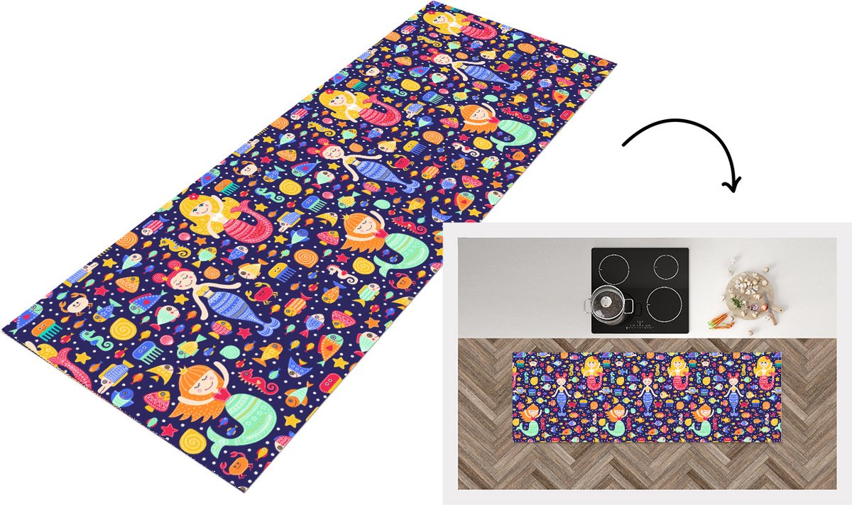 KitchenYeah Keukenloper - Loper keuken - Zeemeermin - Vissen - Patronen - 180x60 cm - Keukenloper vinyl Multicolor