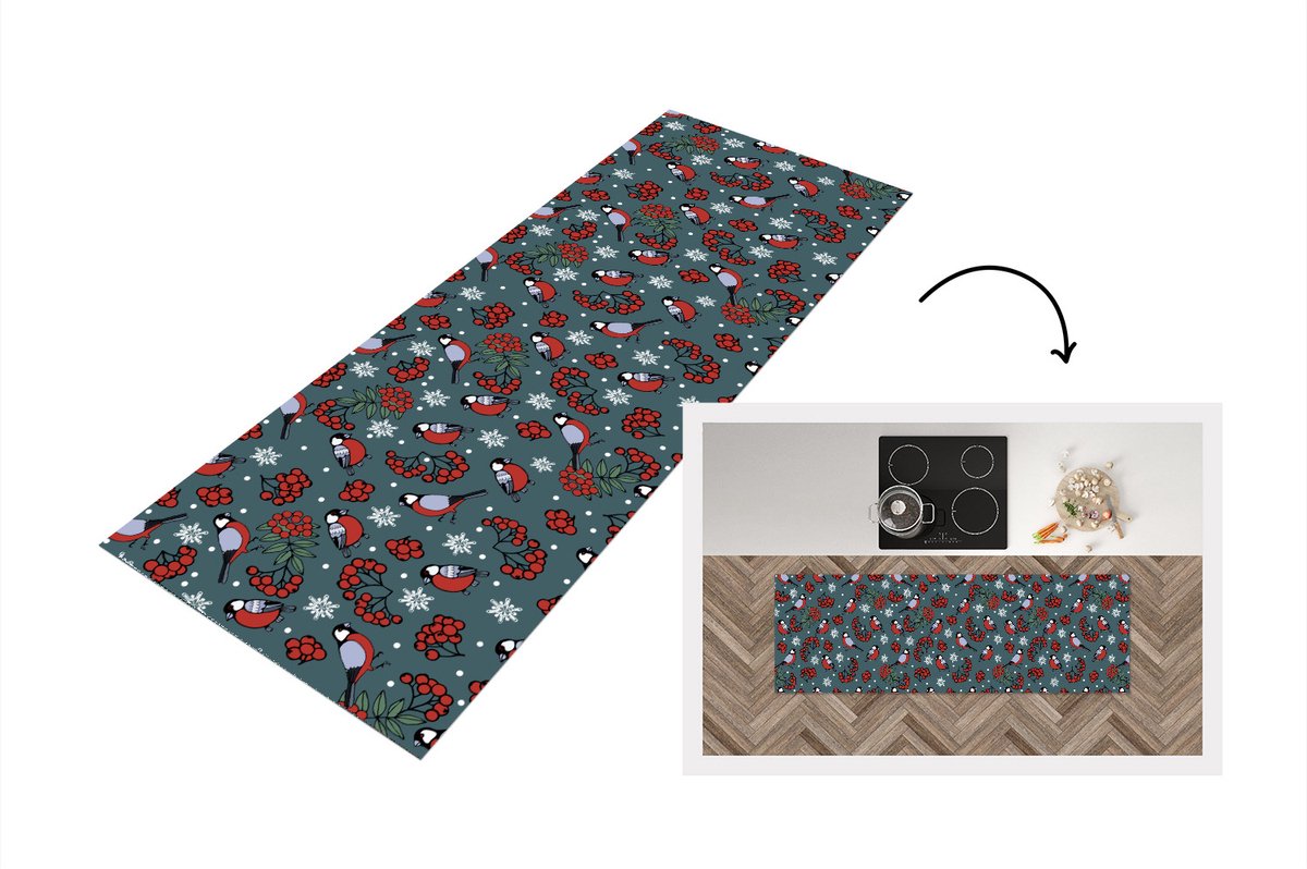 KitchenYeah Keukenloper - Loper keuken - Vogel - Kerstmis - Sneeuw - Bes - Patronen - 180x60 cm - Keukenloper vinyl Multicolor