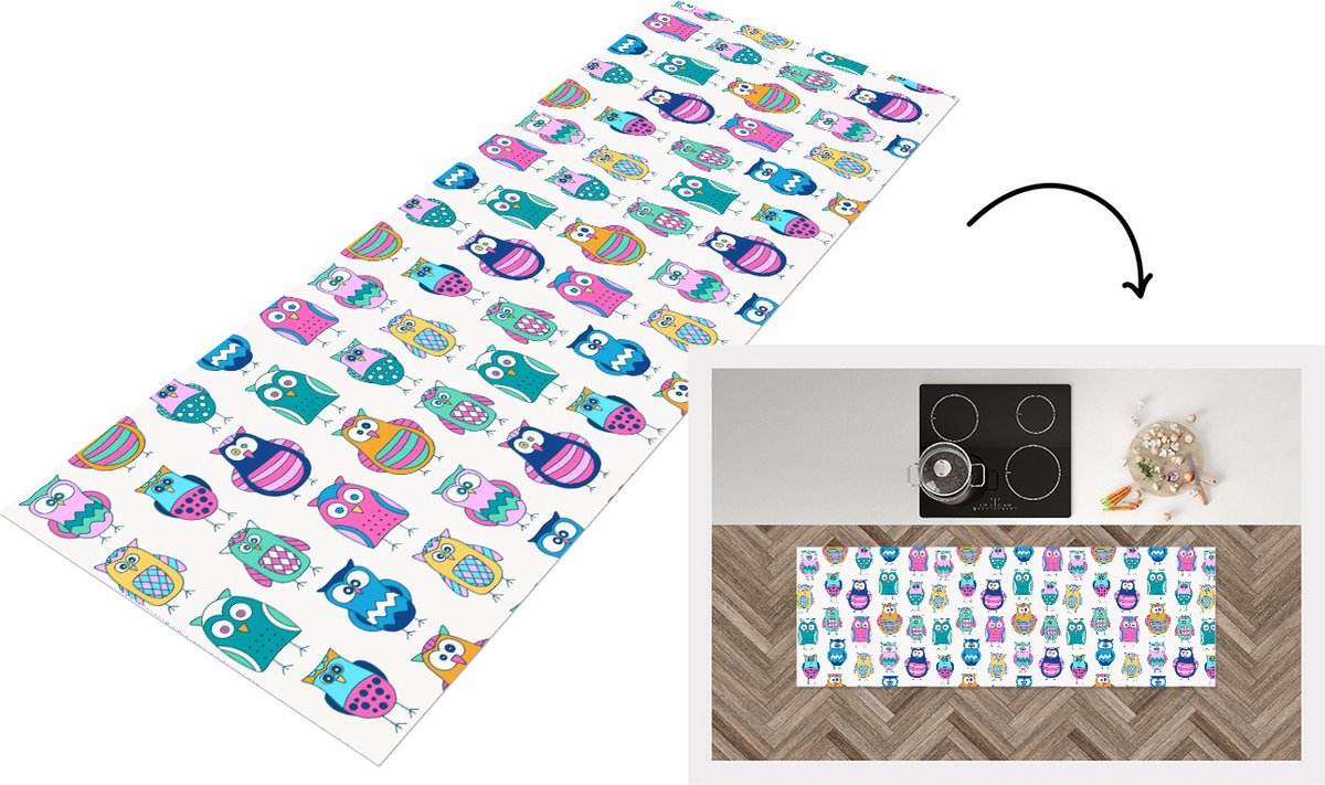 KitchenYeah Keukenloper - Loper keuken - Regenboog - Uil - Cartoon - 150x50 cm - Keukenloper vinyl Multicolor