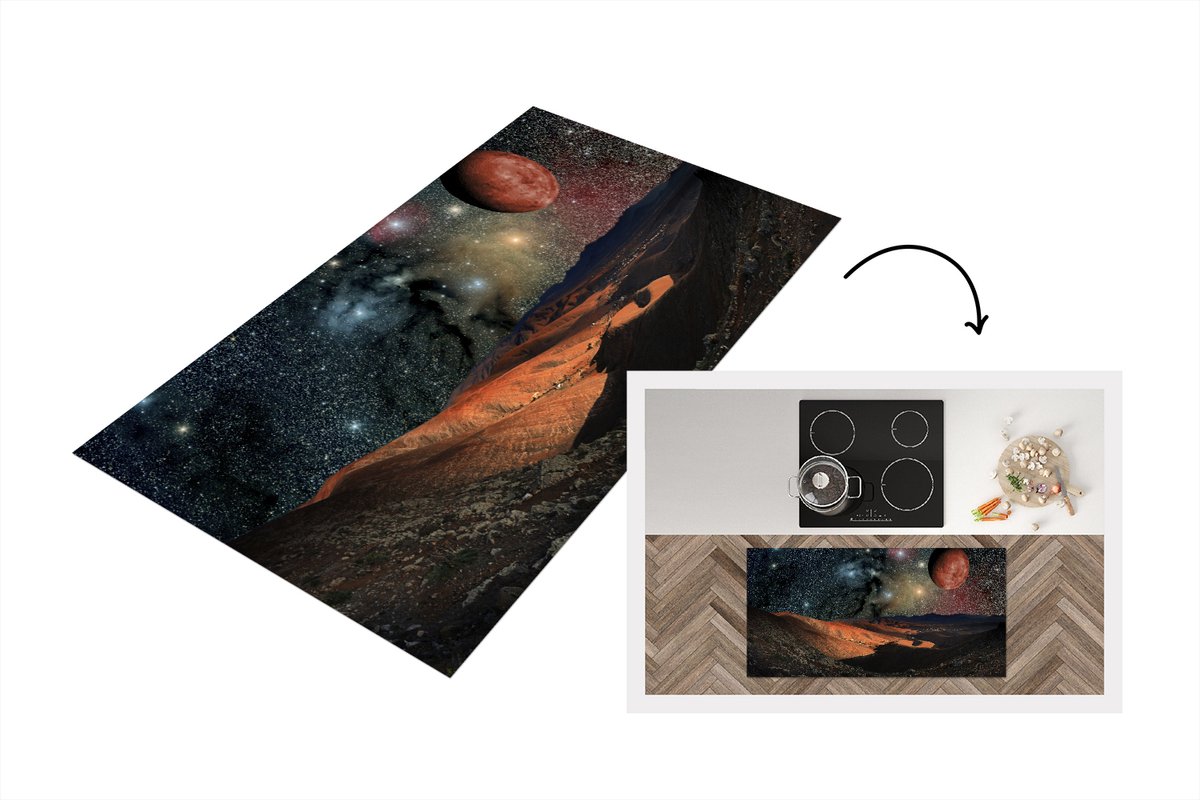 KitchenYeah Keukenloper - Loper keuken - een planeetoppervlak met sterren en planeten - 120x60 cm - Keukenloper vinyl Multicolor