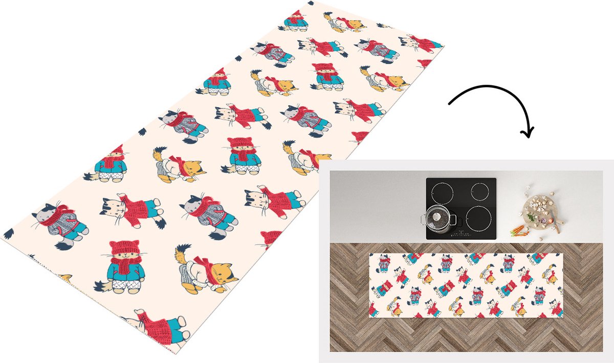 KitchenYeah Keukenloper - Loper keuken - Winter - Kat - Dieren - Patroon - 150x50 cm - Keukenloper vinyl Multicolor