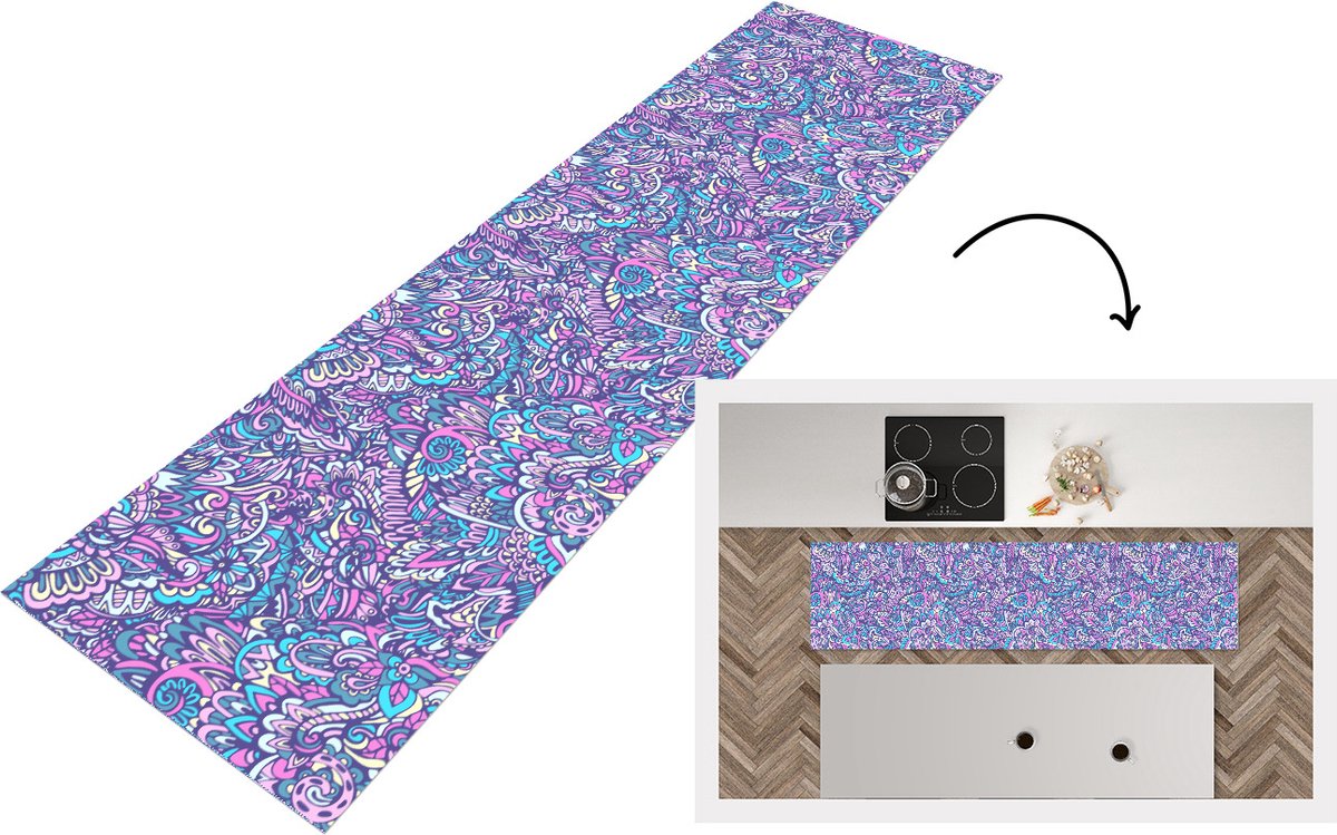 KitchenYeah Keukenloper - Loper keuken - Paisley - Vintage - Roze - Blauw - Patroon - Keukenloper vinyl, foto 2