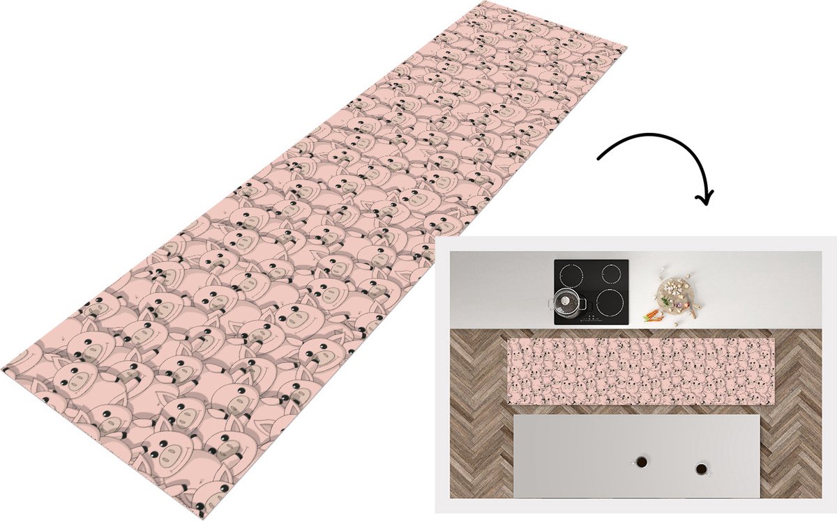 KitchenYeah Keukenloper - Loper keuken - Varkens - Dieren - Roze - Patroon - 200x50 cm - Keukenloper vinyl Multicolor