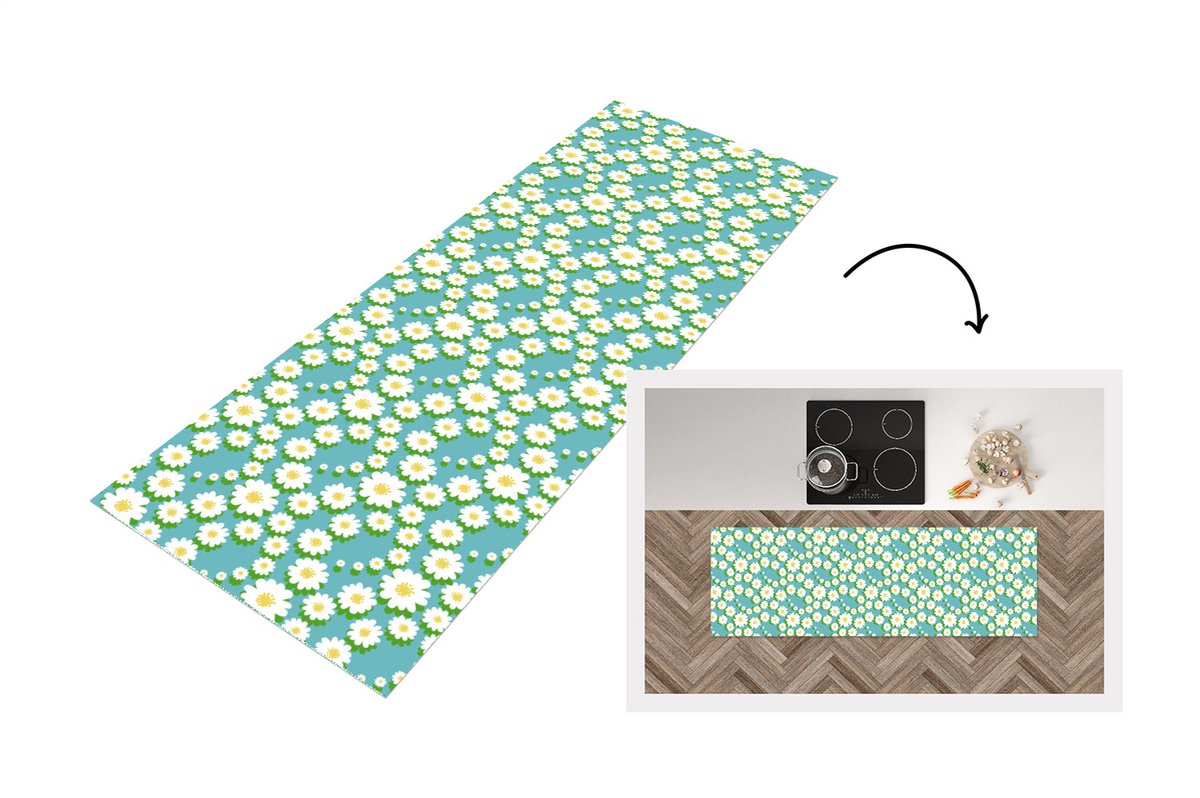 KitchenYeah Keukenloper - Loper keuken - Bloemen - Patroon - Madelief - 150x50 cm - Keukenloper vinyl Multicolor