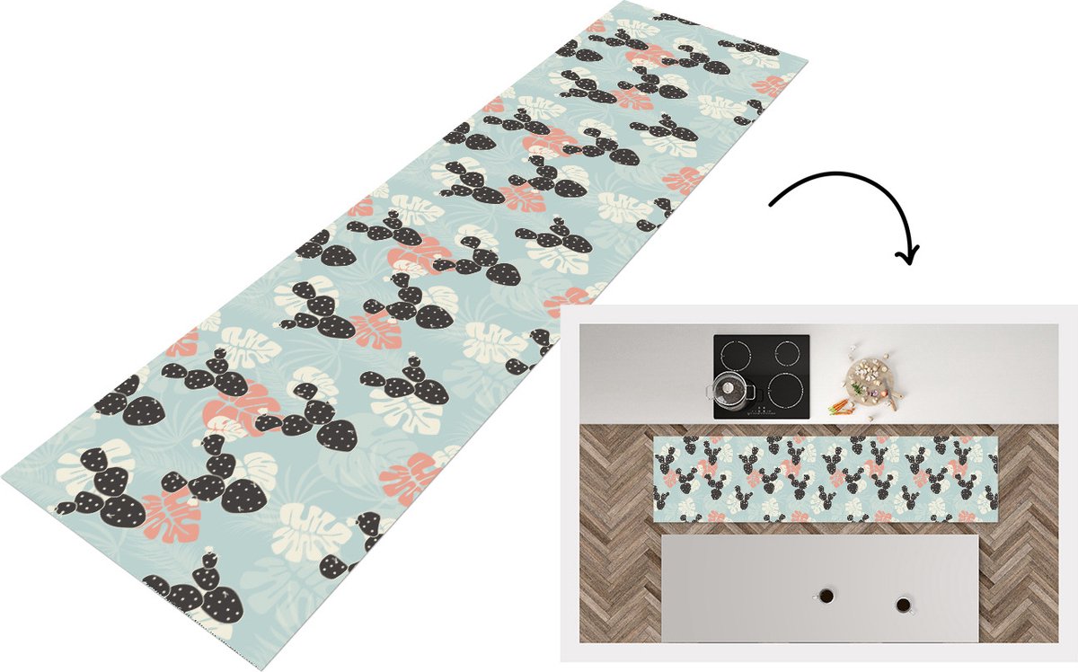 KitchenYeah Keukenloper - Loper keuken - Cactus - Monstera - Patronen - Pastel - Hawaii - 200x50 cm - Keukenloper vinyl Multicolor