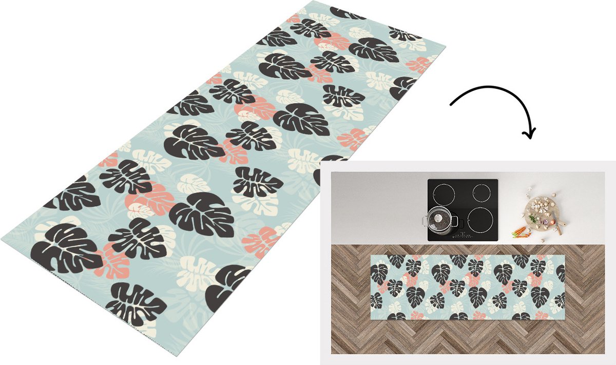 KitchenYeah Keukenloper - Loper keuken - Bladeren - Monstera - Hawaii - Patronen - 180x60 cm - Keukenloper vinyl Multicolor