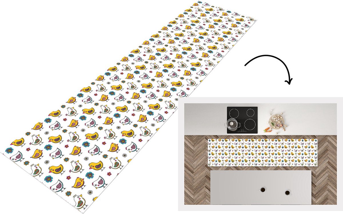 KitchenYeah Keukenloper - Loper keuken - Kip - Bloemen - Lente - Patronen - Kinderen - 200x50 cm - Keukenloper vinyl Multicolor