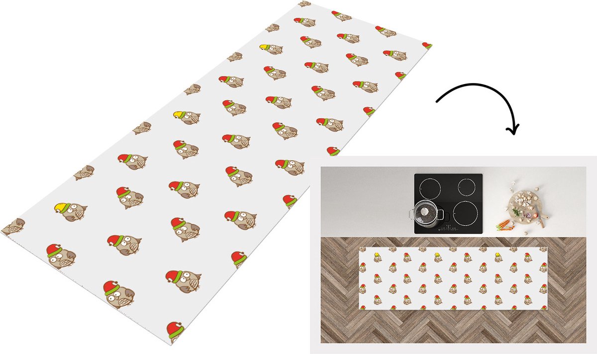 KitchenYeah Keukenloper - Loper keuken - Uil - Kerstmuts - Cartoon - Kind - Design - 150x50 cm - Keukenloper vinyl Multicolor