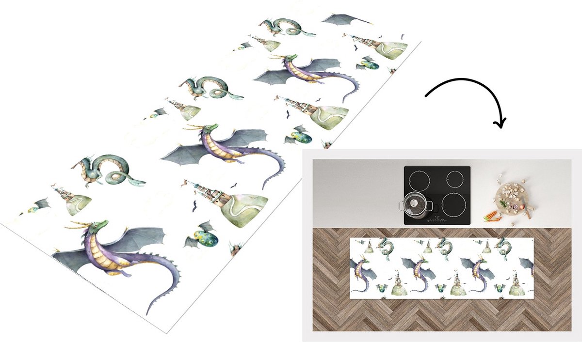 KitchenYeah Keukenloper - Loper keuken - Jongens - Patronen - Draak - Kasteel - 150x50 cm - Keukenloper vinyl Multicolor