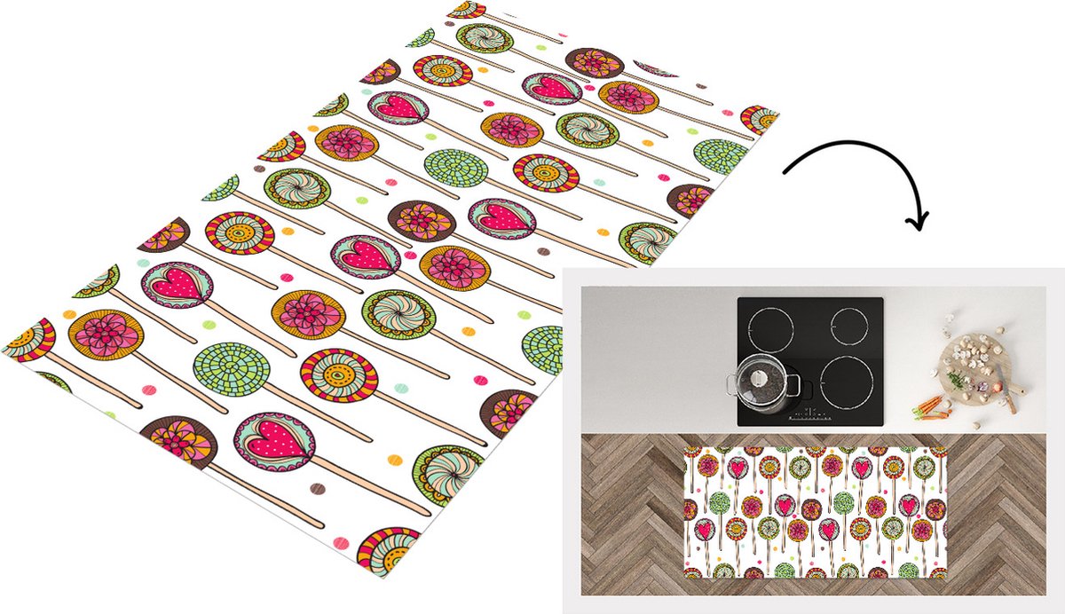 KitchenYeah Keukenloper - Loper keuken - Patroon - Lolly - Hartjes - Snoep - 120x60 cm - Keukenloper vinyl Multicolor