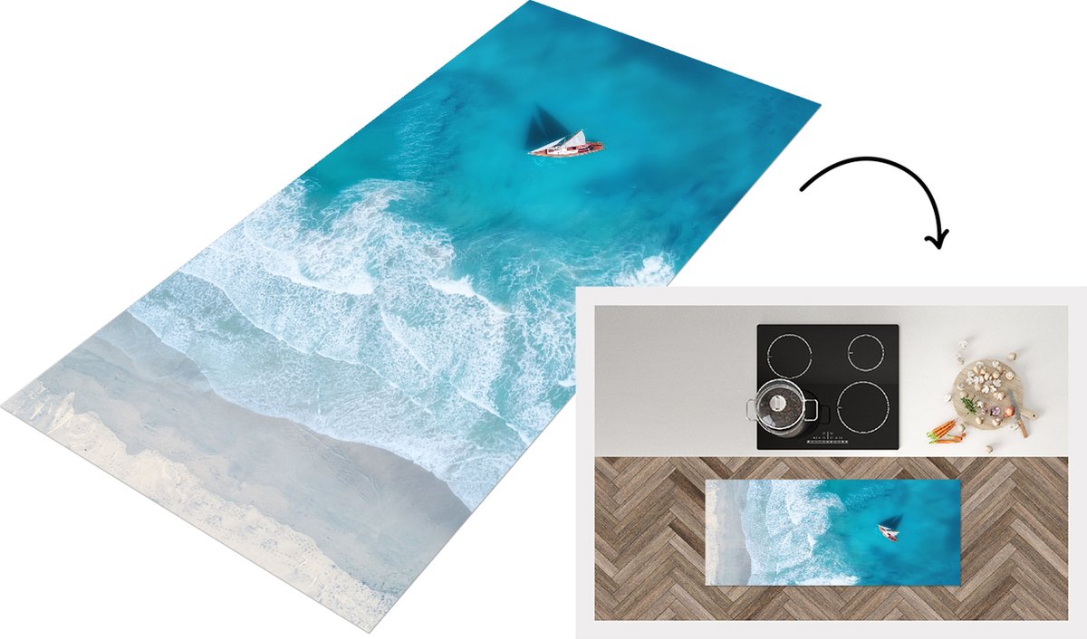 KitchenYeah Keukenloper - Loper keuken - Boot - Zee - Strand - 120x50 cm - Keukenloper vinyl Multicolor