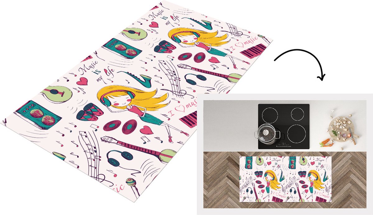 KitchenYeah Keukenloper - Loper keuken - Meiden - Muziek - Koptelefoon - Patronen - 120x60 cm - Keukenloper vinyl Multicolor