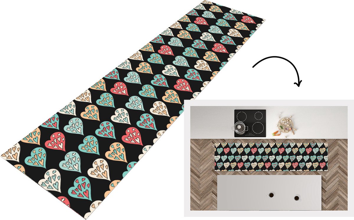 KitchenYeah Keukenloper - Loper keuken - Meisjes - Hart - Hartjes - Patronen - 240x60 cm - Keukenloper vinyl Multicolor