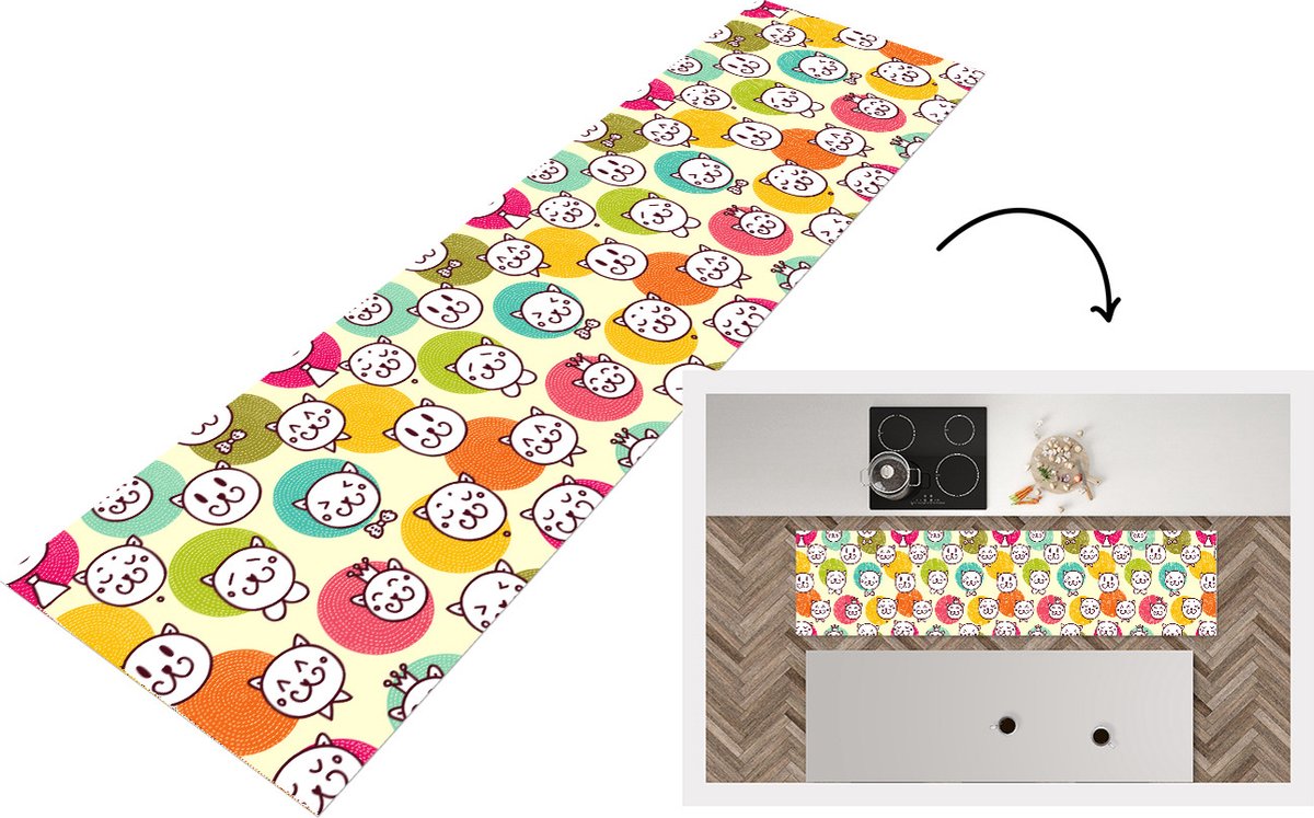 KitchenYeah Keukenloper - Loper keuken - Meisjes - Kat - Kroon - Patronen - 240x60 cm - Keukenloper vinyl Multicolor