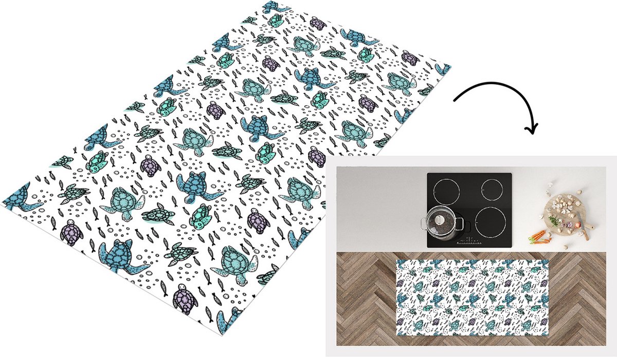 KitchenYeah Keukenloper - Loper keuken - Patronen - Schildpad - Vissen - 120x60 cm - Keukenloper vinyl Multicolor