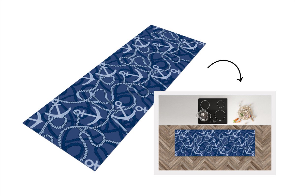 KitchenYeah Keukenloper - Loper keuken - Patronen - Anker - Touw - 150x50 cm - Keukenloper vinyl Multicolor