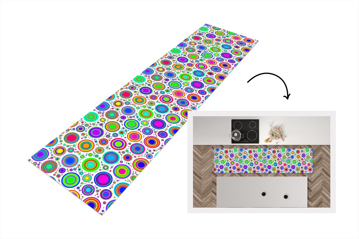KitchenYeah Keukenloper - Loper keuken - Patroon - Stippen - Cirkel - 200x50 cm - Keukenloper vinyl Multicolor