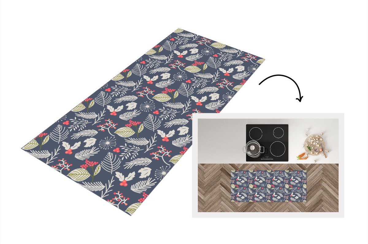 KitchenYeah Keukenloper - Loper keuken - Planten - Bes - Winter - Patroon - 120x50 cm - Keukenloper vinyl Multicolor