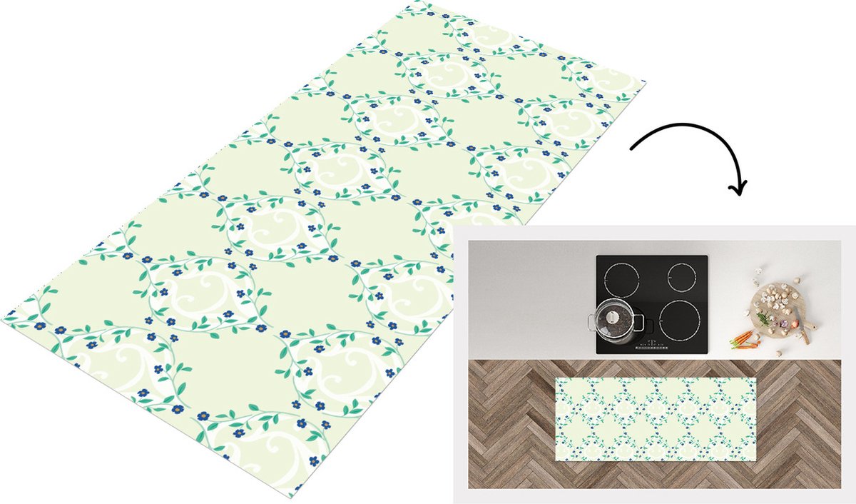 KitchenYeah Keukenloper - Loper keuken - Groen - Blauw - Bloem - Design - 120x50 cm - Keukenloper vinyl Multicolor