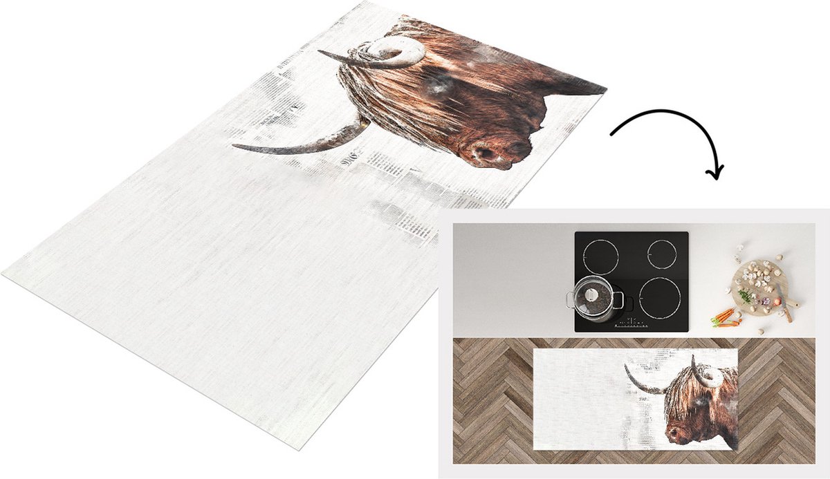 KitchenYeah Keukenloper - Loper keuken - Schotse hooglander - Koeien - Krantenpapier - 120x60 cm - Keukenloper vinyl Multicolor
